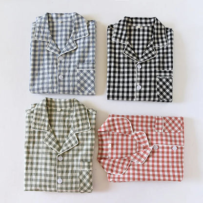 2025 New Japanese Spring and Autumn Couple Pajama Set 100% Cotton Men's and Women's Plaid Long Sleeve Two Piece Home Furnishing