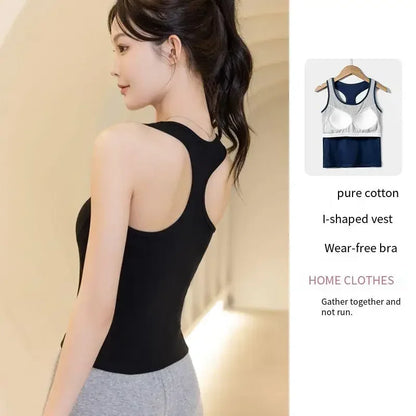 2025 New Women's Summer Pure Cotton Tank Top with Breast Pads Bra One Piece Racerback Backing Sleepwear Home Furnishing Top