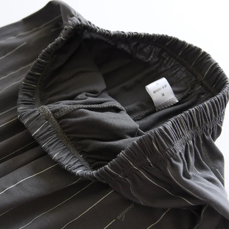 Spring and autumn new men's pajamas long-sleeved trousers suit 100% cotton knitted striped plus size home clothes two-piece set
