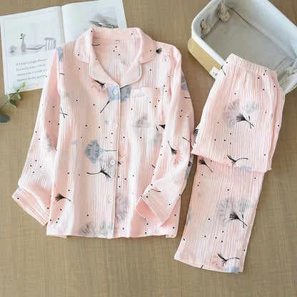 New large size pajamas women cotton crepe home service cotton long sleeve trousers suit simple and comfortable summer and autumn