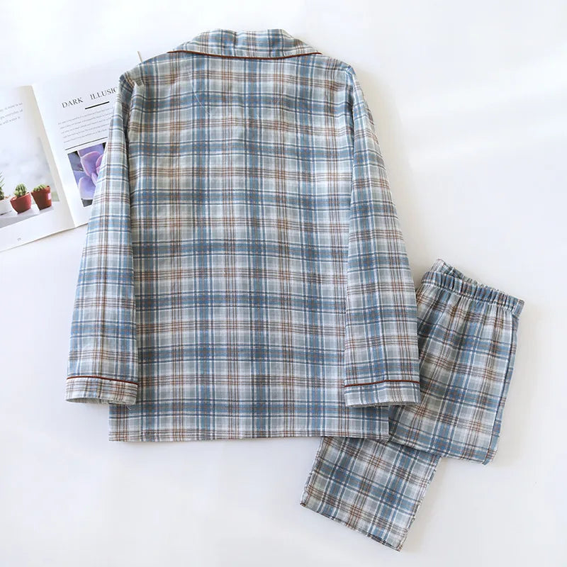 2025 Japanese New Men's Pajama Set Spring/Summer Checkered Simple Long sleeved Two Piece Set 100%Cotton Cardigan Home Furnishing