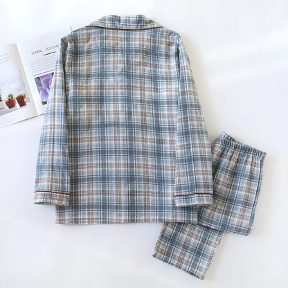 2025 Japanese New Men's Pajama Set Spring/Summer Checkered Simple Long sleeved Two Piece Set 100%Cotton Cardigan Home Furnishing