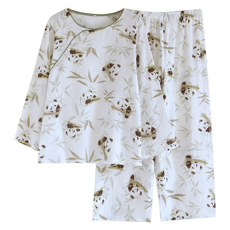 2025 Spring and Autumn New Women's Cartoon Pajama Set 100% Cotton Crepe Chinese Long Sleeve Long Pants Two Piece Set Ladies