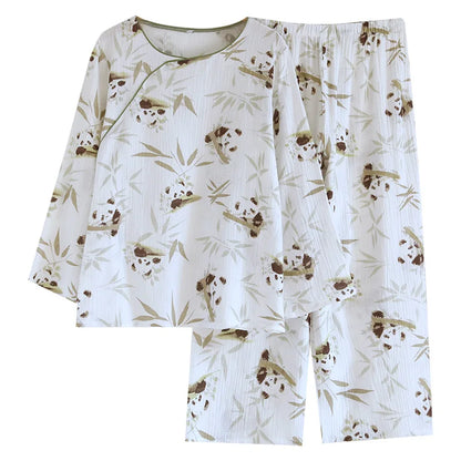2025 Spring and Autumn New Women's Cartoon Pajama Set 100% Cotton Crepe Chinese Long Sleeve Long Pants Two Piece Set Ladies