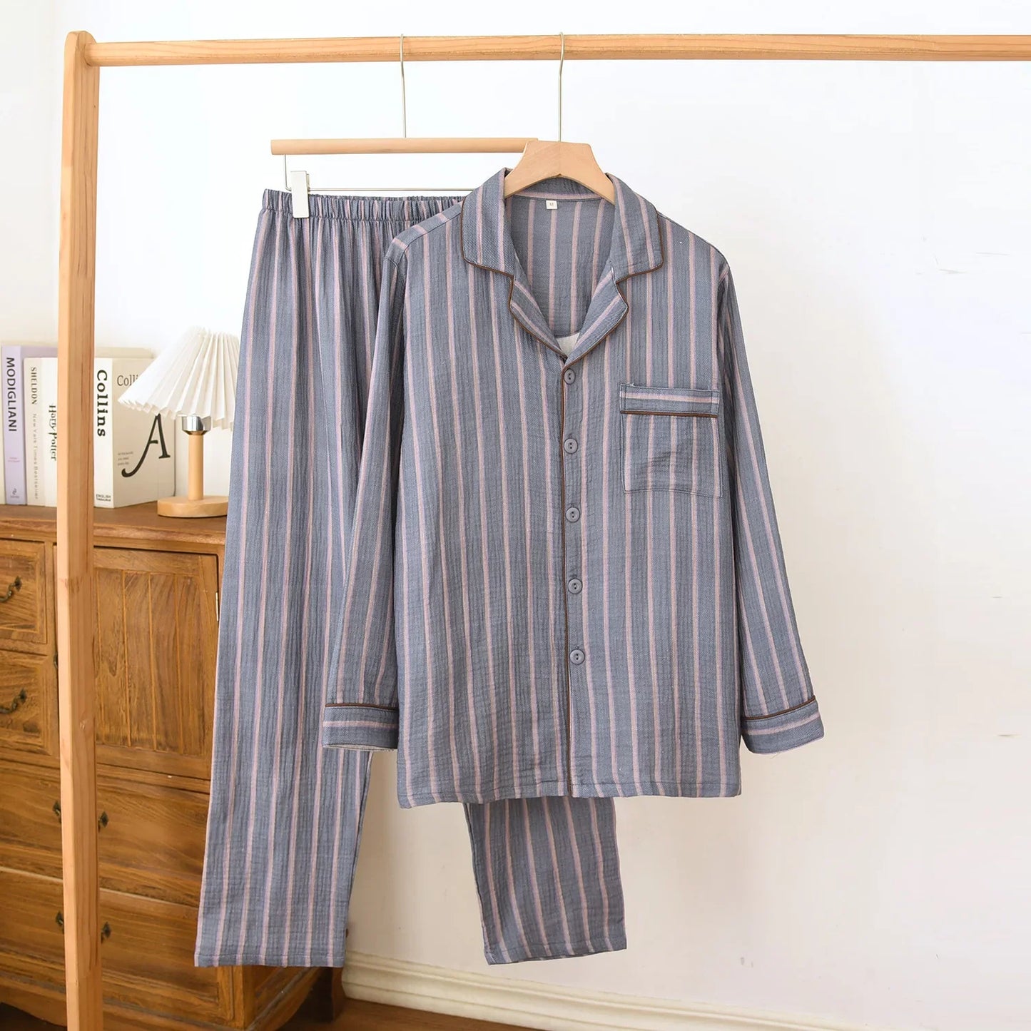 New men's sleepwear two-piece set for spring 2025 100% cotton crepe fabric vertical stripe long sleeved long pants home suit set