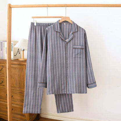 New men's sleepwear two-piece set for spring 2025 100% cotton crepe fabric vertical stripe long sleeved long pants home suit set