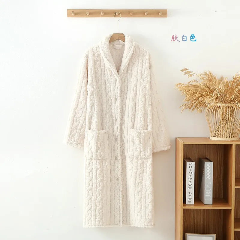 2025 New Autumn/Winter Women's Bathrobe Flannel Thickened Warm Buckle Long Dress Solid Color Nightgown Home Fur Ladies