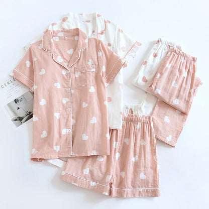 New spring and summer women's pajamas three-piece set short sleeves + shorts + trousers 100%cotton gauze love print homewear set