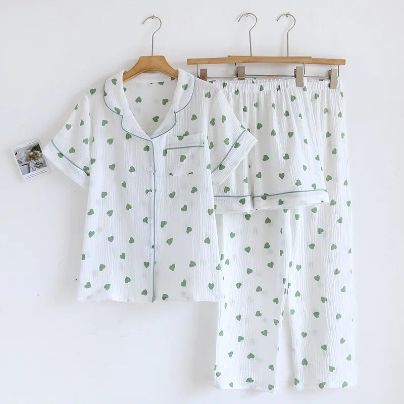 2025 New Summer Pajama Set 100% Cotton Crepe Love Short Sleeves+Shorts+Pants Three Piece Buckle Cute Home Fury Ladies Sleepwear