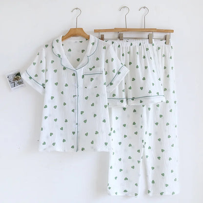 2025 New Summer Pajama Set 100% Cotton Crepe Love Short Sleeves+Shorts+Pants Three Piece Buckle Cute Home Fury Ladies Sleepwear