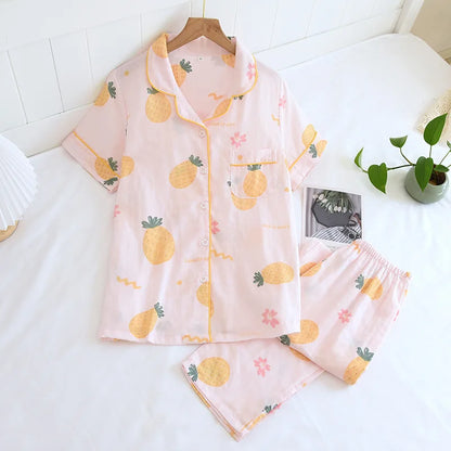 2025 Japanese style simple short women female 100% cotton gauze short sleeve trousers ladies pajamas suit cute pajamas sets home