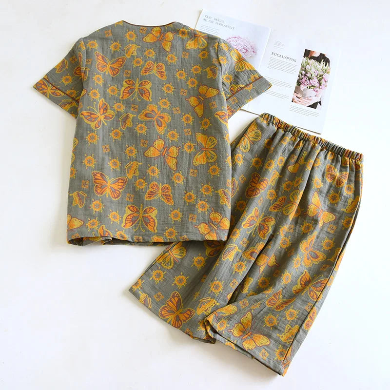 2025 Spring/Summer New Women's Pajama Set 100% Cotton Jacquard Short Sleeves+Capris Two Piece V-Neck Thin Homewear Ladies