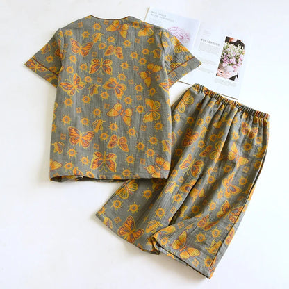 2025 Spring/Summer New Women's Pajama Set 100% Cotton Jacquard Short Sleeves+Capris Two Piece V-Neck Thin Homewear Ladies