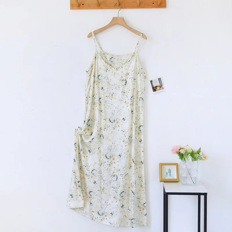 2025 Spring/Summer New Women's Sling Skirt 100% Viscose Fiber Sleeping Skirt Printed Sleeping Skirt Sexy Home Dress for Ladies