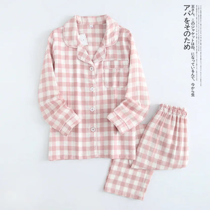Japanese new couple pajamas, long-sleeved trousers, two-piece 100% cotton gauze simple plaid home service suit for men and women