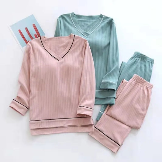 New Spring and Autumn Women's Pajamas Set V-Neck Cotton Thread Knitted Long Sleeve Pants Solid casual two-piece home clothes