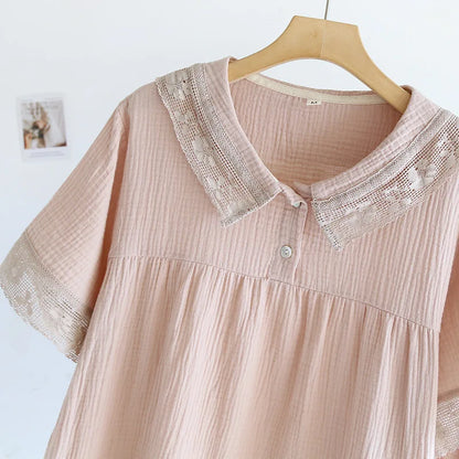 2025 New Japanese Women's Summer Pajama Set 100% Cotton Crepe Short Sleeve Shorts Two Piece Lace Neck Breathable Home Suit Set