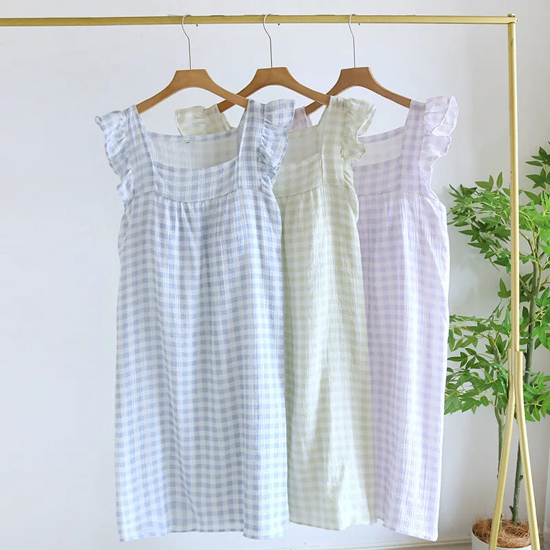 2025 Summer New Women's Sleeping Skirt Tank Top 100% Pure Cotton Large Size Loose Plaid with Chest Cushion Dress Home Fury