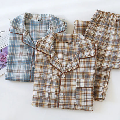 2025 Japanese New Men's Pajama Set Spring/Summer Checkered Simple Long sleeved Two Piece Set 100%Cotton Cardigan Home Furnishing