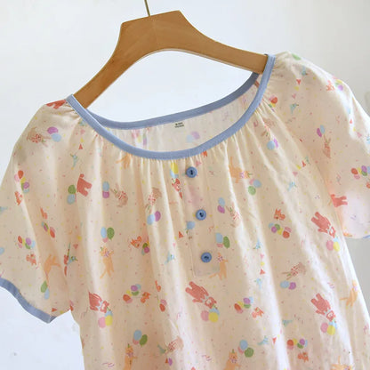 2025 Summer New Women's Pajama Skirt 100% Pure Cotton Double Layer Gauze Short Sleeve Pajama Skirt Thin Cute Pullover Home Dress