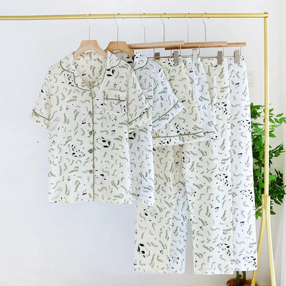 2025 Spring/Summer New Women's Pajamas Three Piece Set 100% Pure Cotton Crepe Thin Short Sleeves+Shorts+Long Pants Home Fury