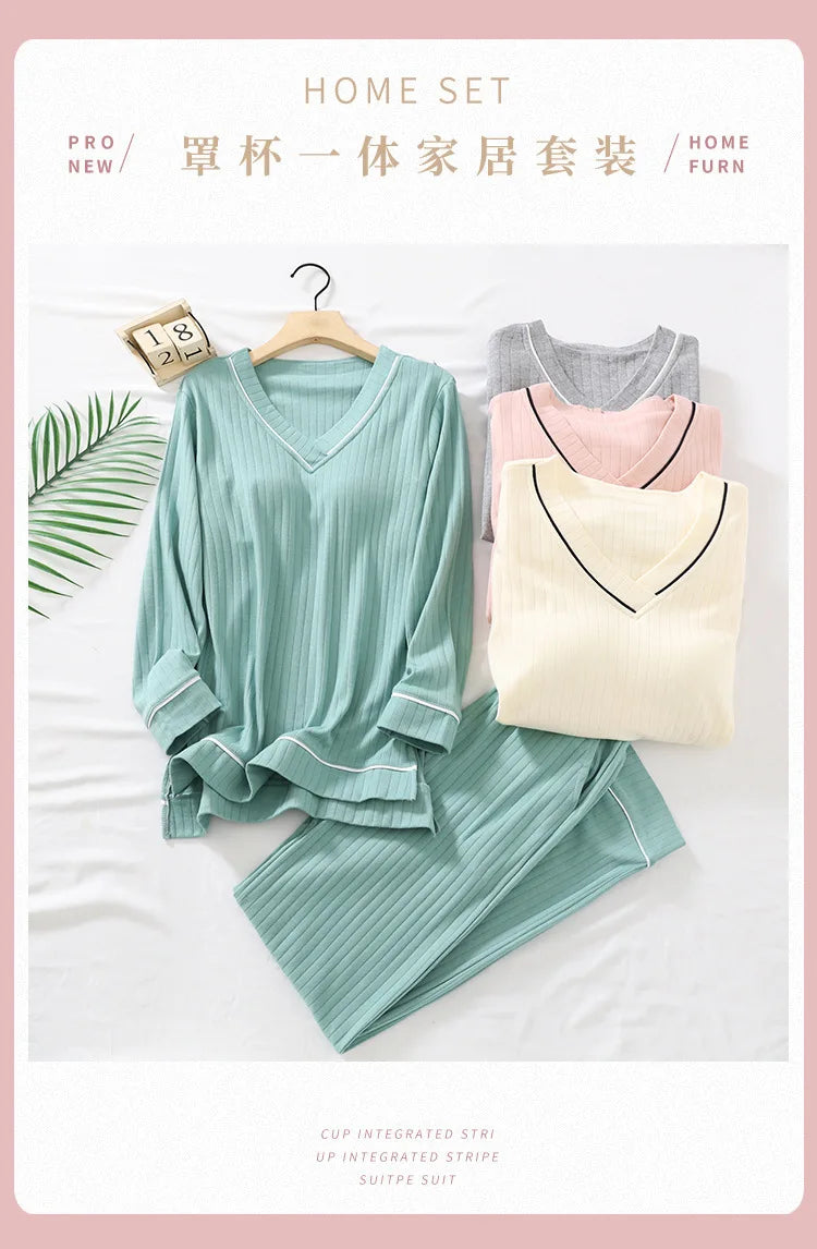 New Spring and Autumn Women's Pajamas Set V-Neck Cotton Thread Knitted Long Sleeve Pants Solid casual two-piece home clothes