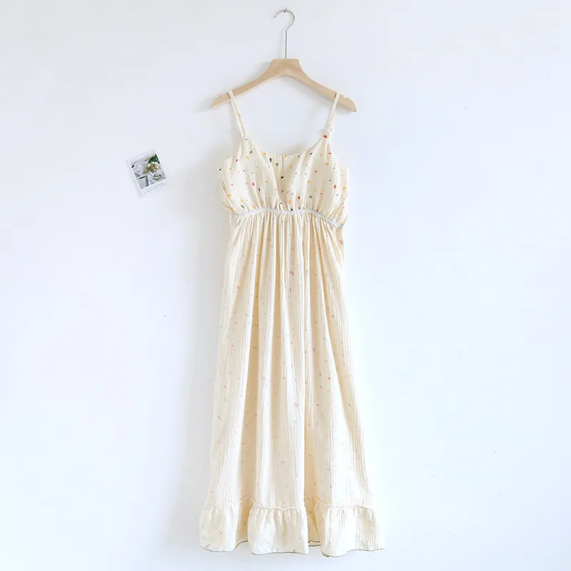 2025 New Summer Women's Sleeping Skirt 100% Cotton Crepe with Chest Cushion Suspender Dress Cute Thin Home Dress Summer Dress