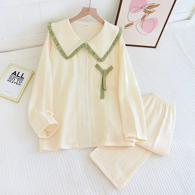 2025 new women's pajama suit 100% cotton crepe sweet lovely long-sleeved trousers two-piece home wear thin sleepwear women