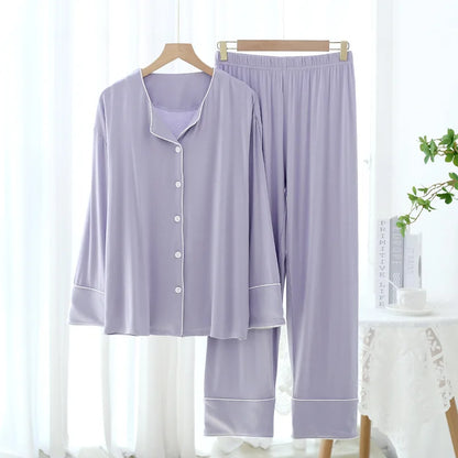 New Spring and Autumn Women's Pajamas Set Modal Pure Color Simple Thin Cardigan Long Sleeve Pants Two Piece Home Suit Sleepwear