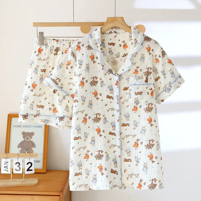 2025 New Summer Women's Pajama Set 100% Cotton Crepe Large Short Sleeve Shorts Two Piece Home Clothes Sleepwear Ladies
