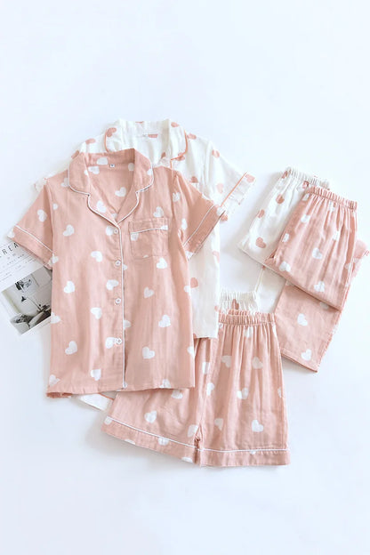 New spring and summer women's pajamas three-piece set short sleeves + shorts + trousers 100%cotton gauze love print homewear set