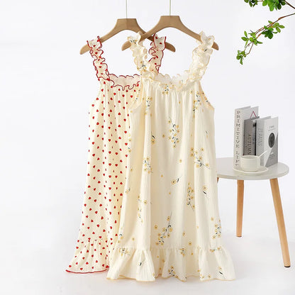 New Summer Ladies Nightdress 100% Cotton Crepe Sling Long Skirt Thin Sleeveless Mid Length Loving Ladies Home Dress plus size