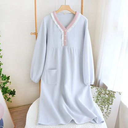 Autumn and Winter New Women's Long Skirt Thickened Thermal Nightdress 100% Cotton Cotton Clip Long Sleeve Home Dress sleepwear