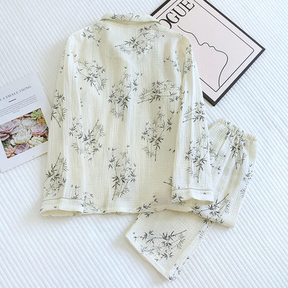 2025 New Spring and Autumn Couple Pajama Set 100% Cotton Crepe Fresh Long sleeved Pants for Men and Women Large Homewear Set