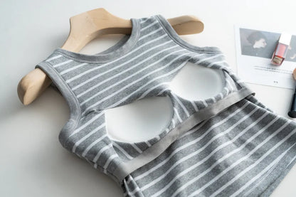 2025 Summer New Women's Tank Top Pajamas All Cotton with Chest Pads Tank Top with Stripe Sports Bottom Short Home Fur Ladies