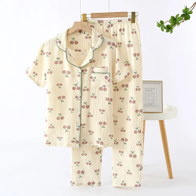 2025 Spring/Summer Women's New Pajama Set 100% Cotton Crepe Short Sleeves+Pants Flip Collar Vintage Flower Simple Homewear