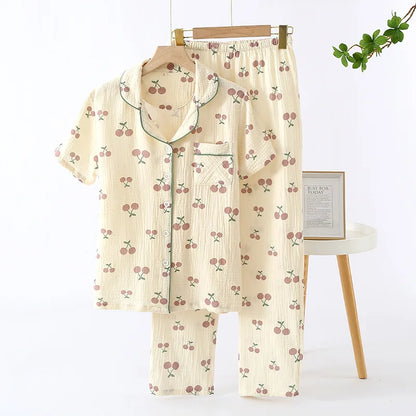 2025 Spring/Summer Women's New Pajama Set 100% Cotton Crepe Short Sleeves+Pants Flip Collar Vintage Flower Simple Homewear