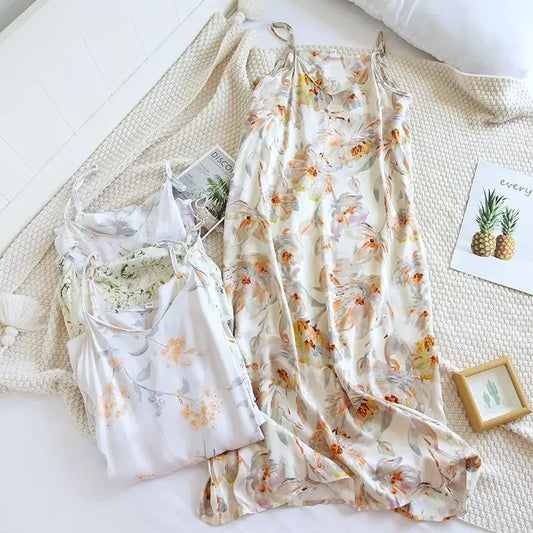 2025 Spring/Summer New Women's Sling Skirt 100% Viscose Fiber Sleeping Skirt Printed Sleeping Skirt Sexy Home Dress for Ladies