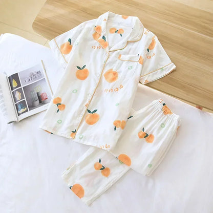 2025 Japanese style simple short women female 100% cotton gauze short sleeve trousers ladies pajamas suit cute pajamas sets home