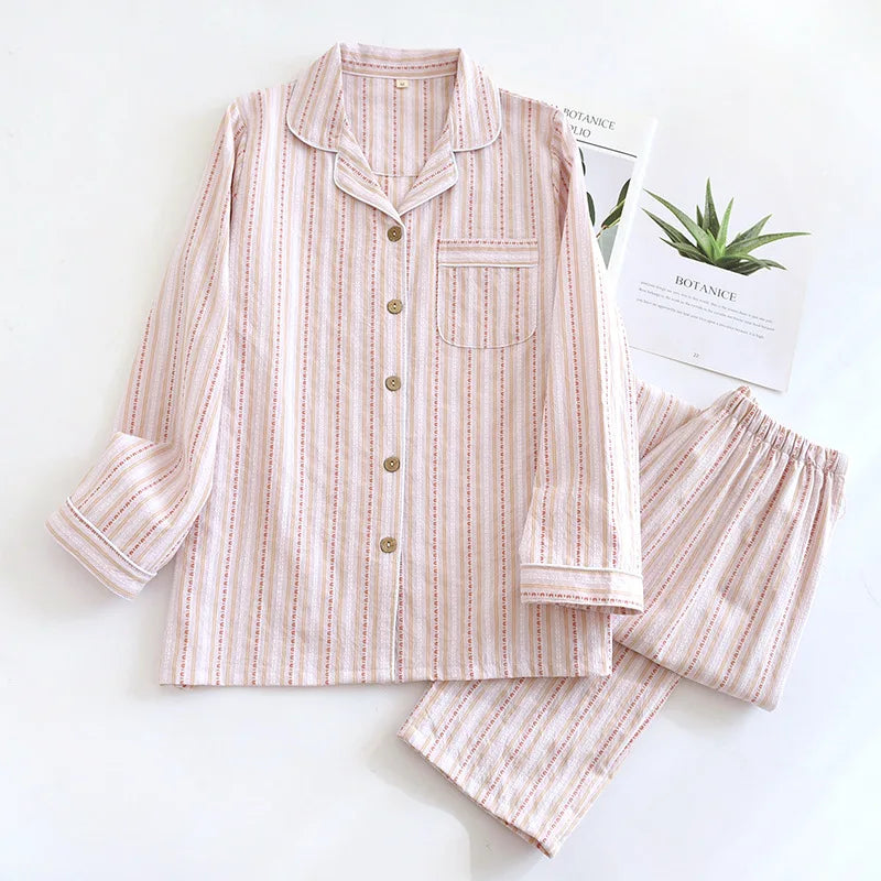 2025 New Spring/Summer Couple Set 100% Cotton Striped Long Sleeve Two Piece Set Men's and Women's Cardigan Home Clothes