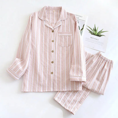2025 New Spring/Summer Couple Set 100% Cotton Striped Long Sleeve Two Piece Set Men's and Women's Cardigan Home Clothes