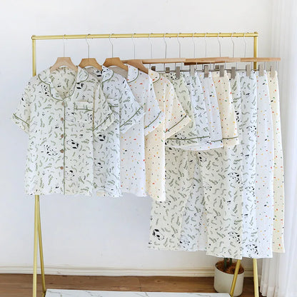 2025 Spring/Summer New Women's Pajamas Three Piece Set 100% Pure Cotton Crepe Thin Short Sleeves+Shorts+Long Pants Home Fury