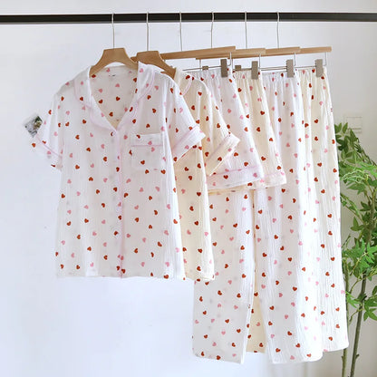2025 New Summer Pajama Set 100% Cotton Crepe Love Short Sleeves+Shorts+Pants Three Piece Buckle Cute Home Fury Ladies Sleepwear