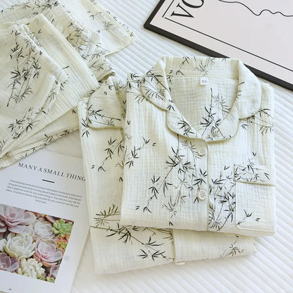 2025 New Spring and Autumn Couple Pajama Set 100% Cotton Crepe Fresh Long sleeved Pants for Men and Women Large Homewear Set