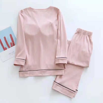 New Spring and Autumn Women's Pajamas Set V-Neck Cotton Thread Knitted Long Sleeve Pants Solid casual two-piece home clothes