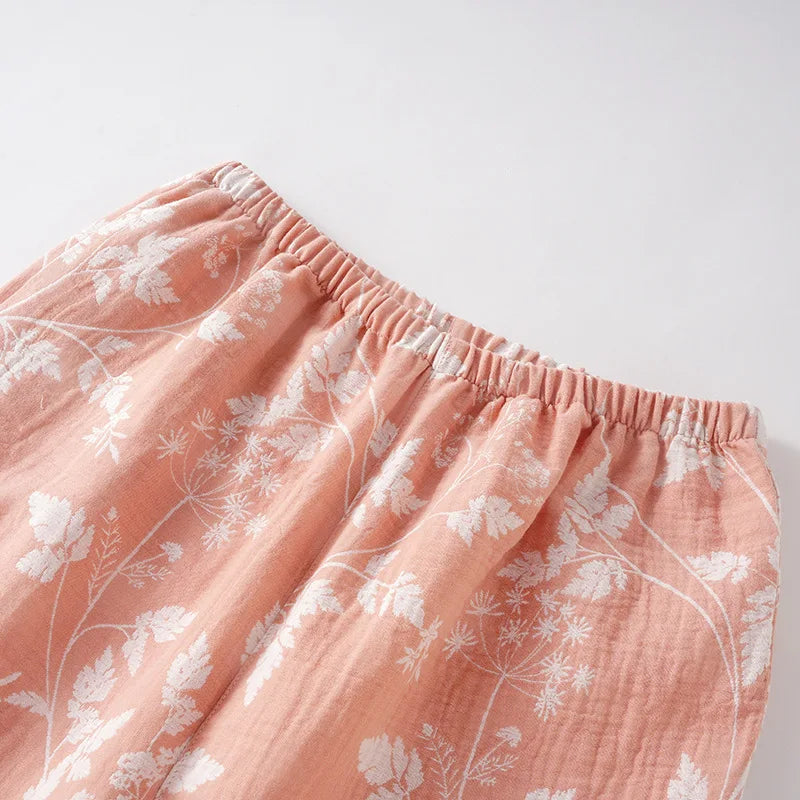 2025 New Spring and Autumn Women's Pajama Set 100% Cotton Gauze Jacquard Long Sleeve Long Pants Loose Home Clothes Two Piece Set