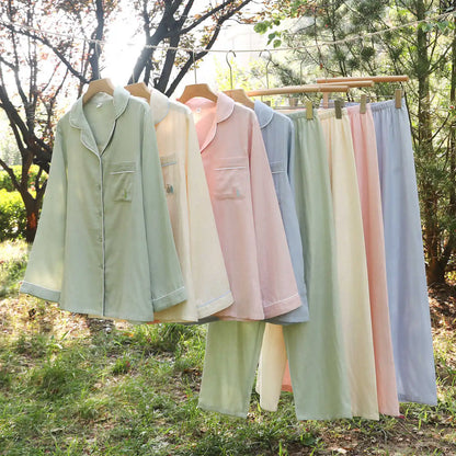 2025 New Spring and Autumn Women's Pajama Set 100% Cotton Simple Long Sleeve Long Pants Two Piece Set Cardigan Home Clothes