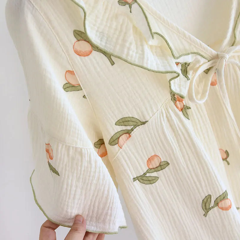 2025 Summer New Women's Pajama Dress 100% Cotton Crepe Ladies Short Sleeve Skirt Thin Flower Dress Homewear Pajama Dress