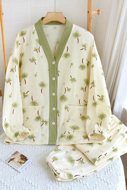 2025 New Spring/Summer Women's Pajama Set Long Sleeve Pants 100% Cotton Crepe Cardigan V-Neck Home Suit Two Piece Set Sleepwear