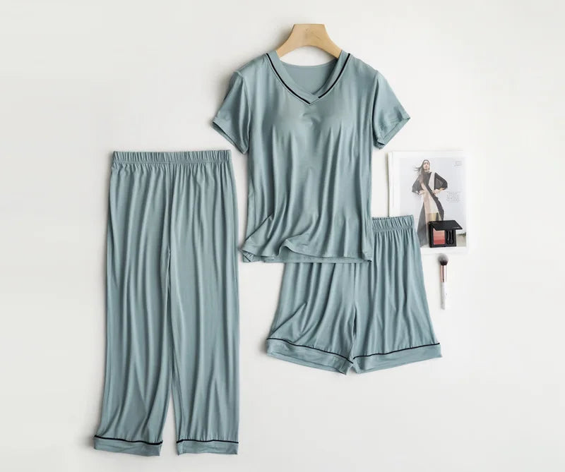 2025 summer new women's pajamas 3-piece Modal large simple pajamas with bra short sleeves+shorts+trousers casual home wear